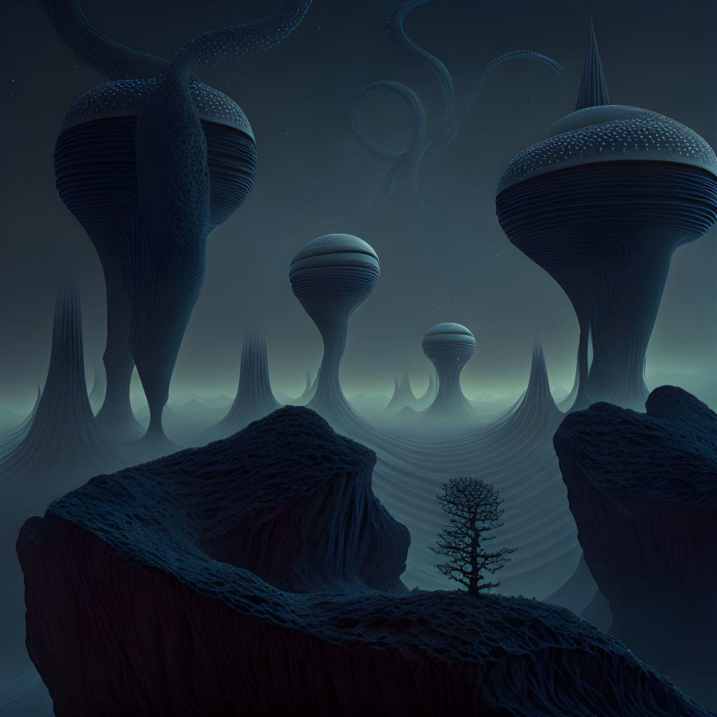 Ethereal landscape with alien-like structures and solitary tree