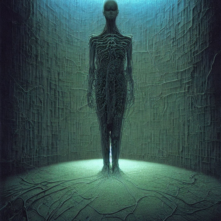 Intricate humanoid figure in dark room with glowing base