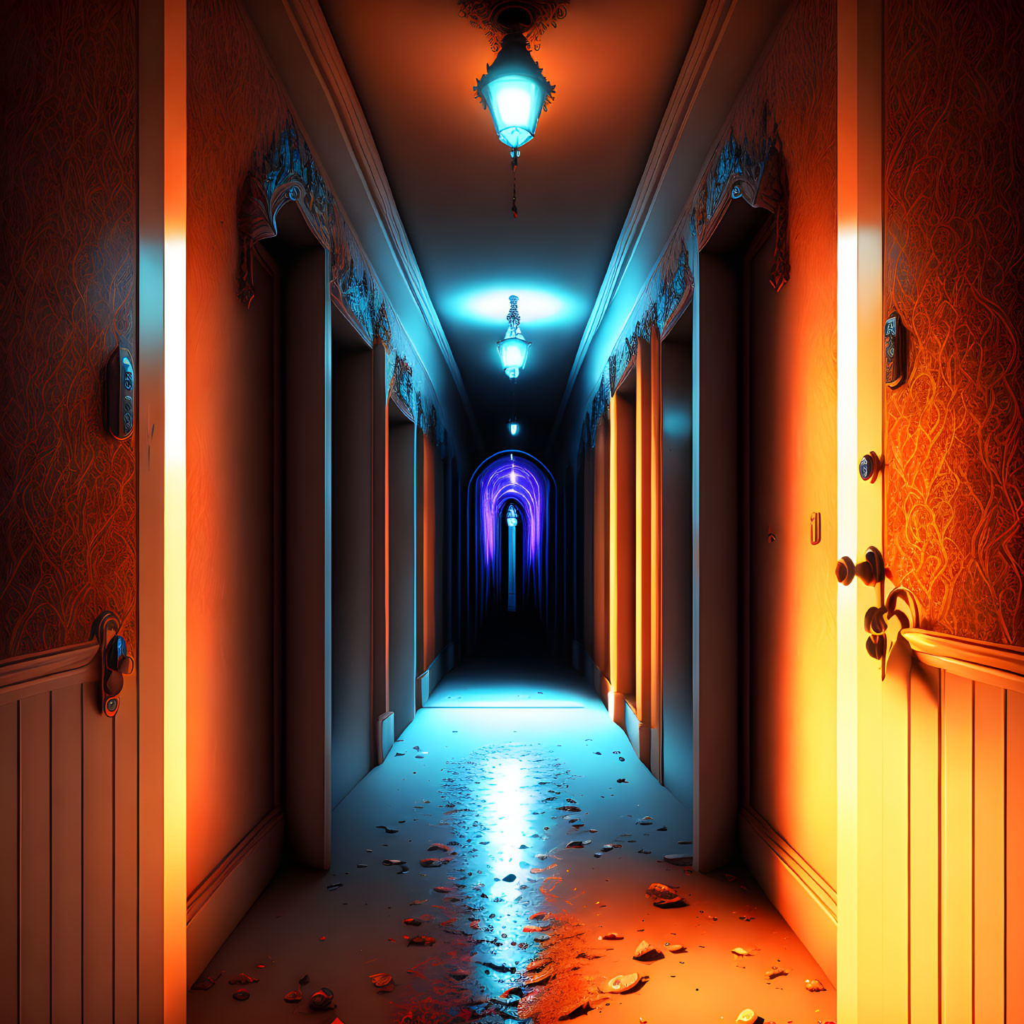 Intense orange walls and neon lighting in surreal hotel hallway