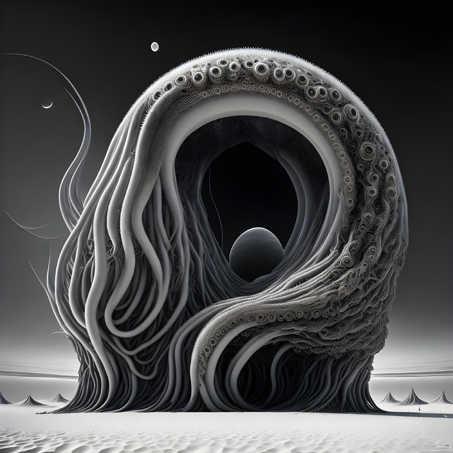 Monochrome surreal art: intricate wave structure under triple moonlit sky