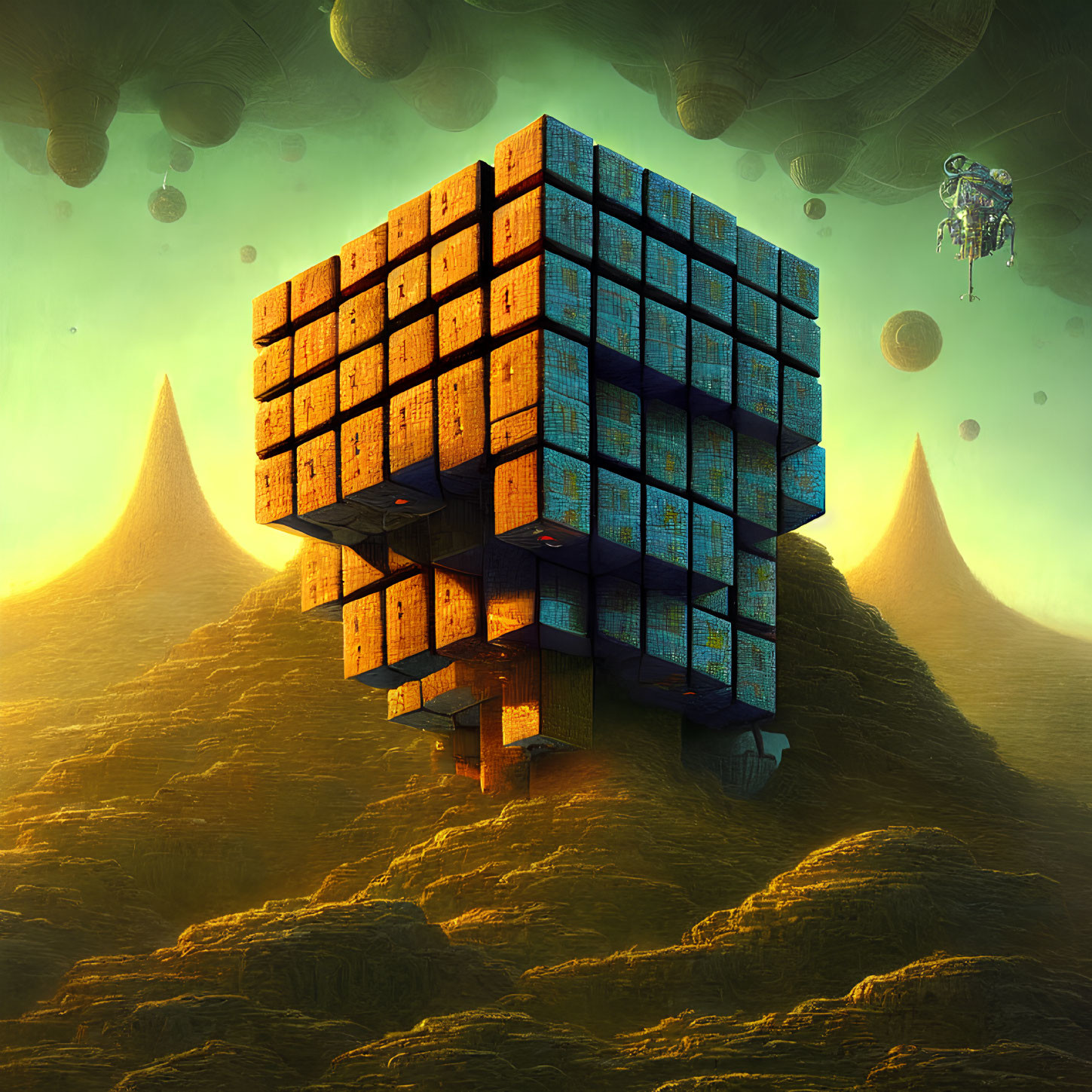 Surreal image of cube-shaped structure over rocky landscape