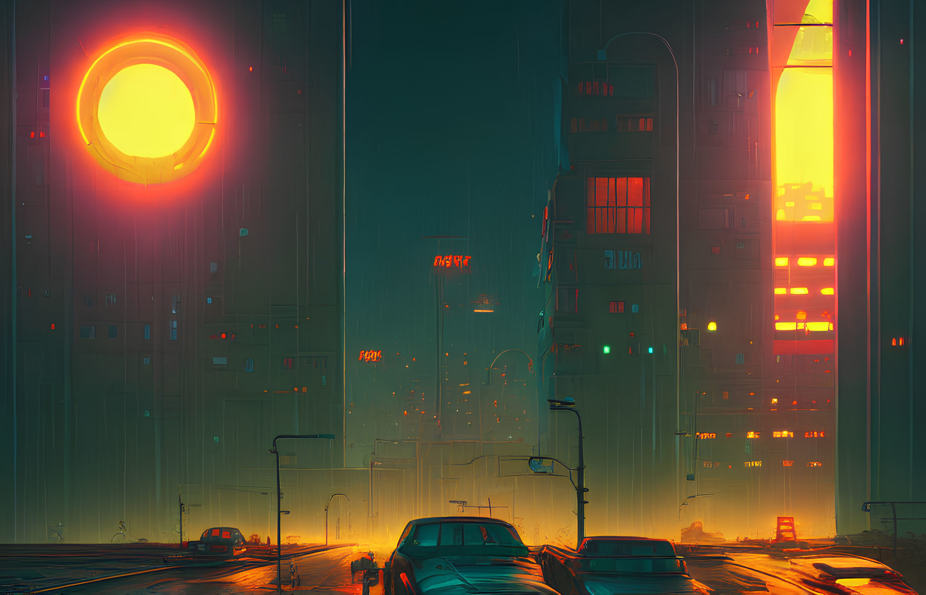 Futuristic neon-lit cityscape with glowing structures and parked cars