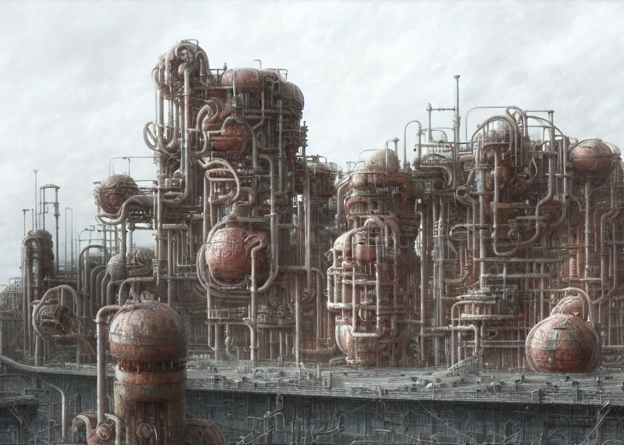 Industrial complex with pipes, tanks, machinery under cloudy sky