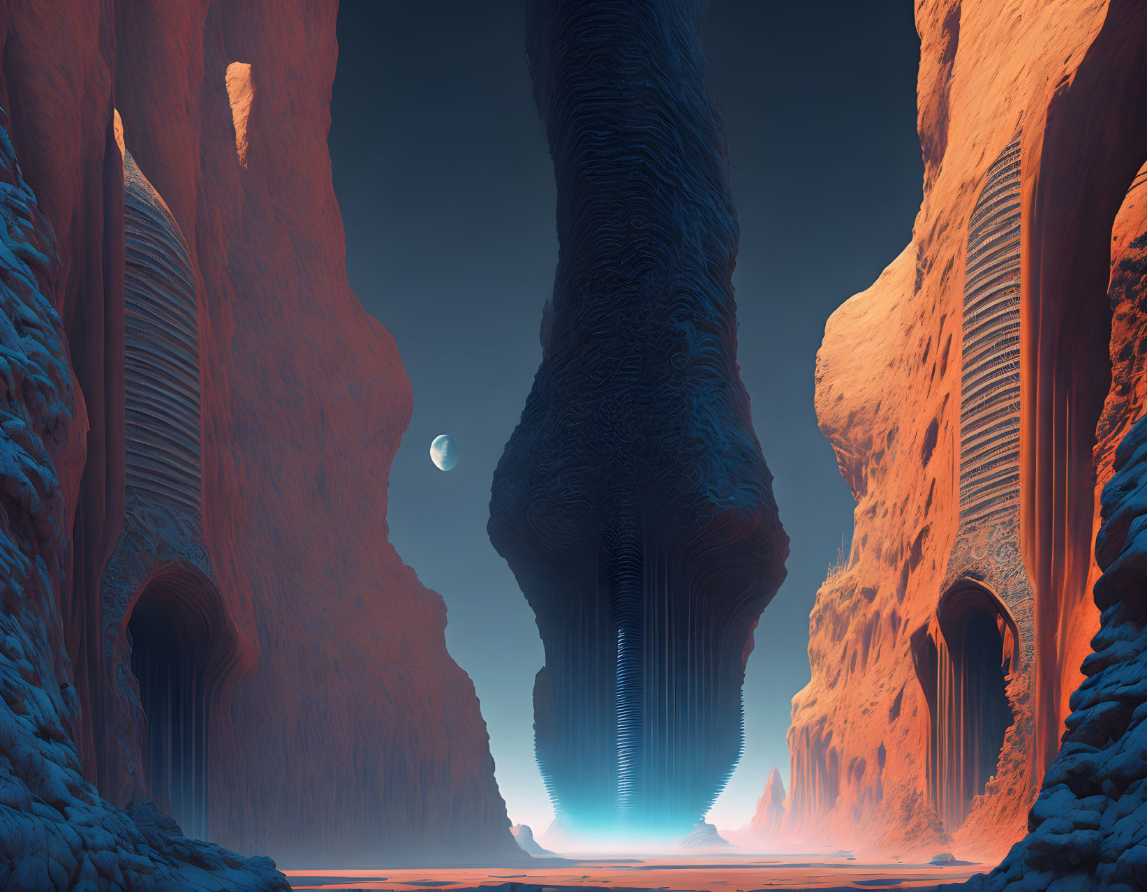 Surreal alien landscape with towering rock formations and glowing portal