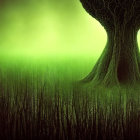 Mystical oversized tree with intricate branches in misty green forest