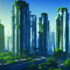 Futuristic cityscape featuring greenery-adorned skyscrapers in soft blue light