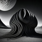 Surreal black and white landscape with layered dunes and celestial bodies