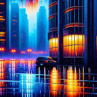 City night scene: car headlights reflect on wet street, neon buildings under colorful sky.