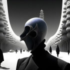 Monochrome image of bald person in suit observing futuristic cityscape