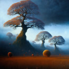 Surreal Landscape: Oversized Baobab Trees & Floating Spheres