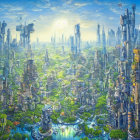 Futuristic cityscape with high-rise buildings and lush greenery