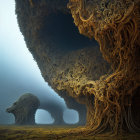 Surreal landscape with tree-like canopy and creature head opening