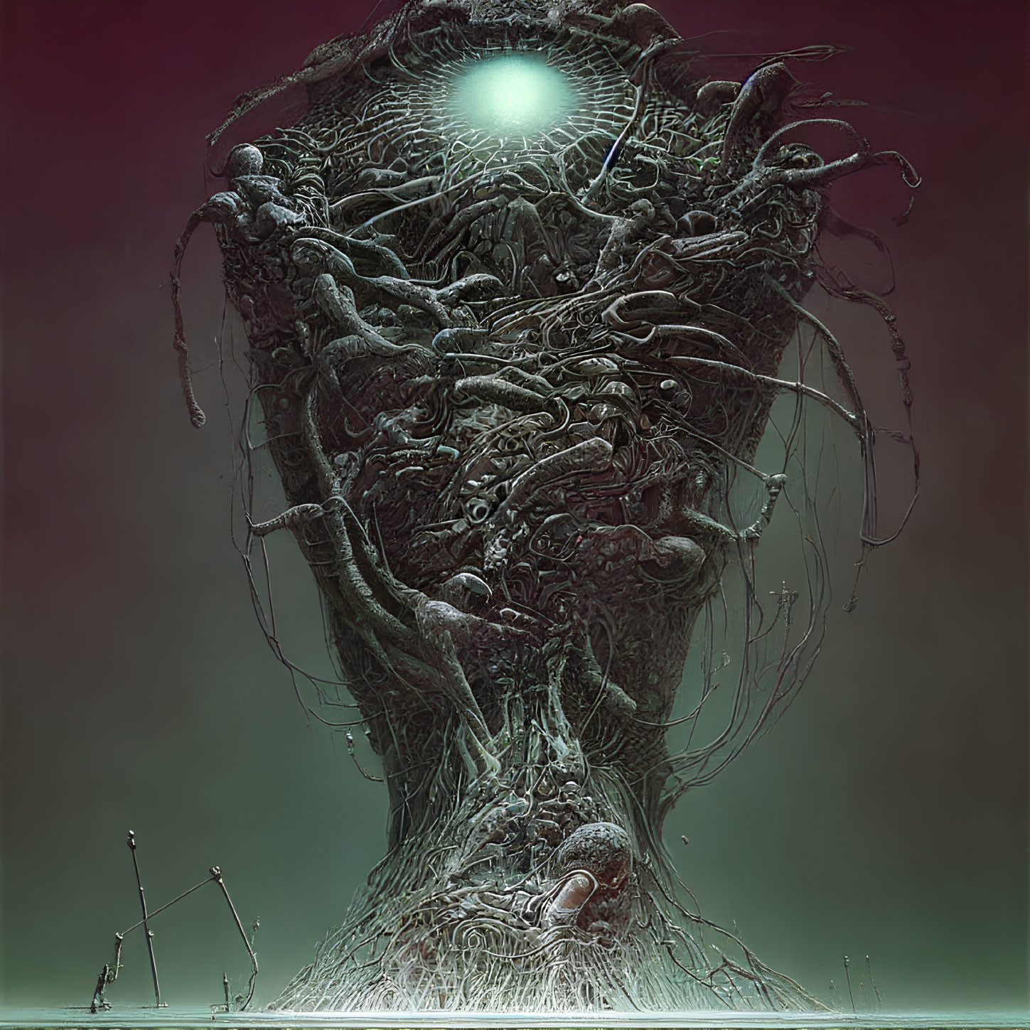 Surreal humanoid form with glowing orb and intricate textures in moody setting