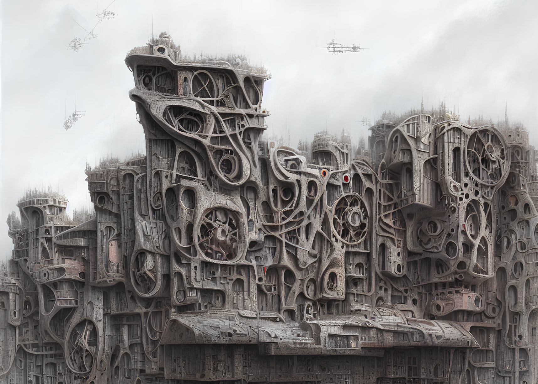 Dystopian cityscape with mechanical structures and flying ships