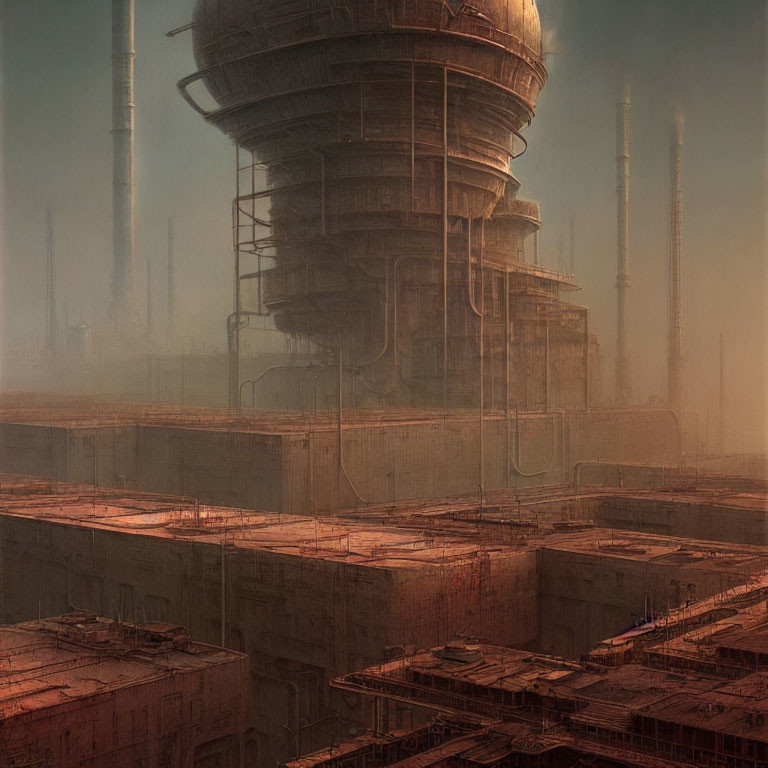 Dystopian multi-level structure amid industrial surroundings