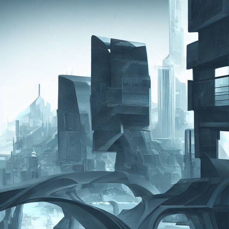 Futuristic cityscape with irregularly shaped buildings under hazy blue sky