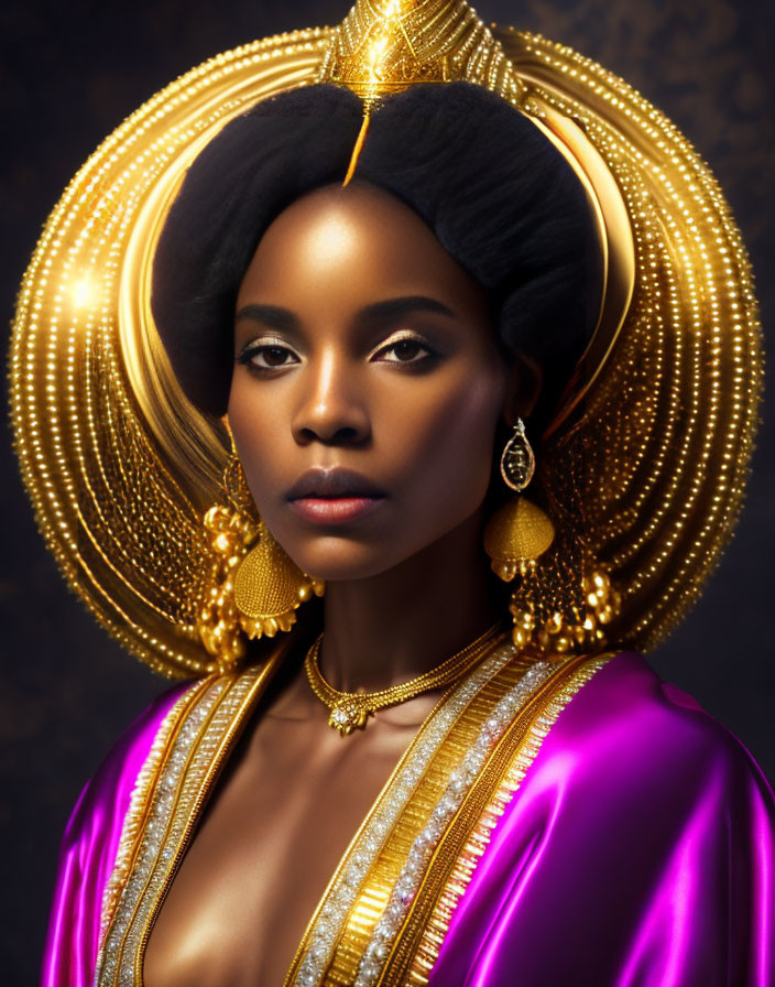 Regal woman with golden headdress in purple garment on dark background