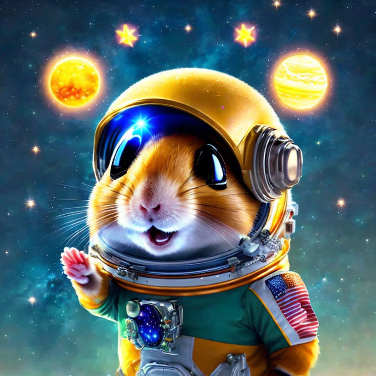 Cute hamster in astronaut suit with stars and planets background