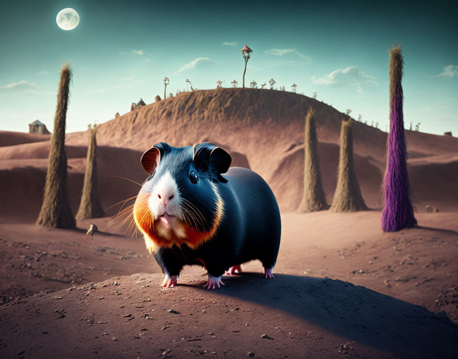 Colorful guinea pig in surreal desert with moon, cacti, and house