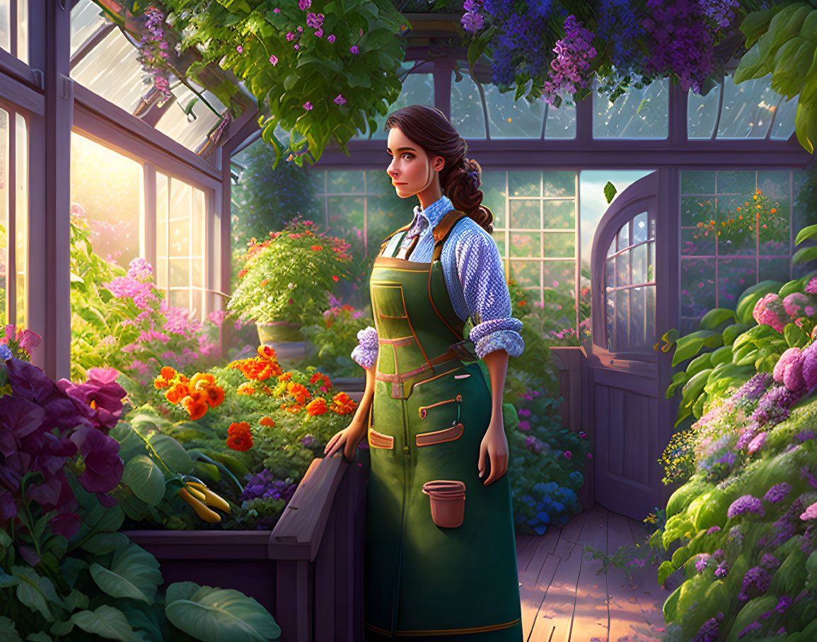 Woman in Green Apron Surrounded by Colorful Flowers in Greenhouse