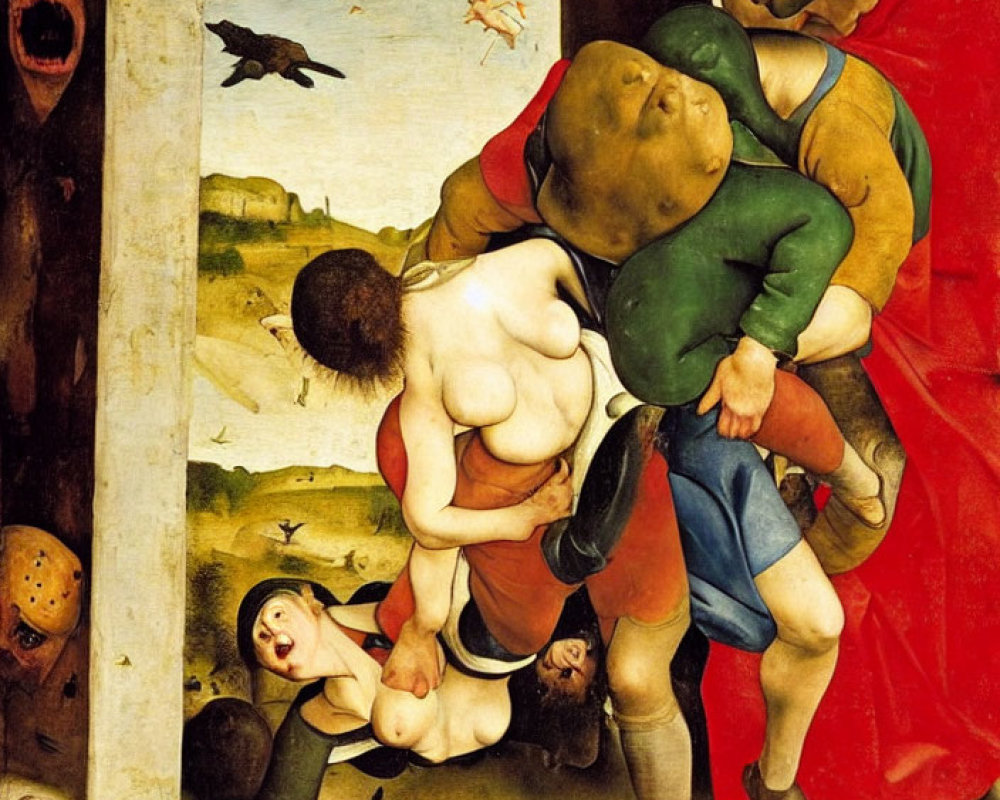 Chaotic Renaissance painting with grotesque figures in struggle