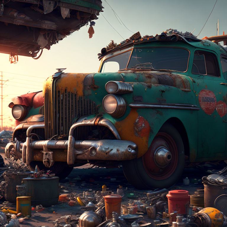 Abandoned rusty green truck in cluttered junkyard at dusk