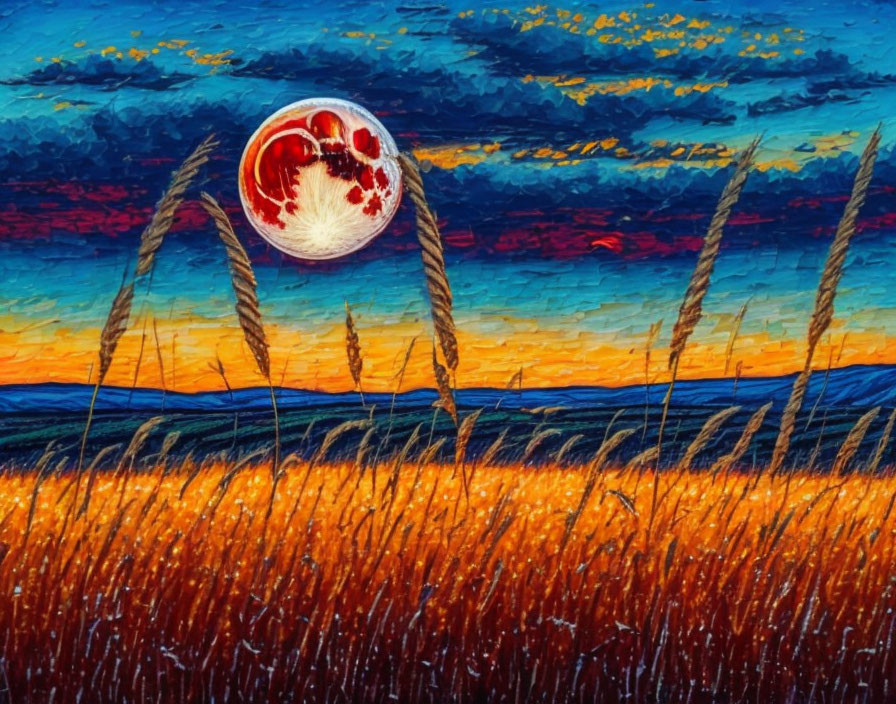 Red Moon Rising Above Golden Wheat Field in Blue and Orange Twilight