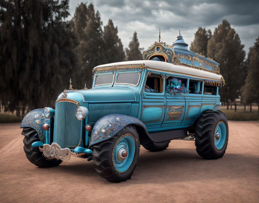 Customized Vintage Vehicle with Ornate Decorations and Artistic Dome in Nature Scene