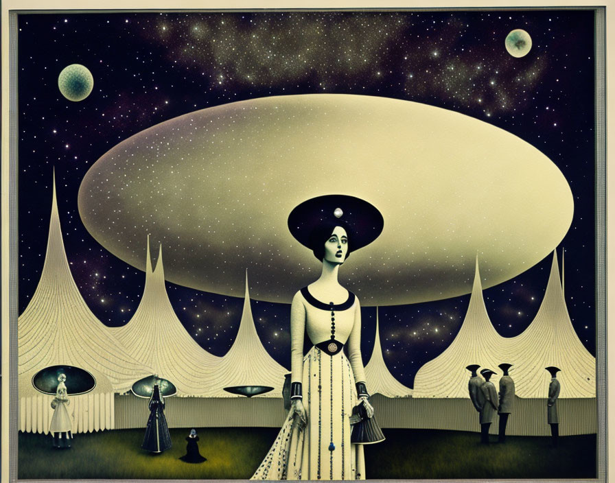 Surreal artwork featuring woman in spaceship hat among cloaked figures under starry sky.