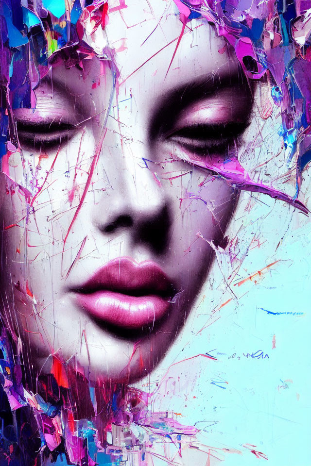 Colorful abstract artwork: woman's face with shattered textures