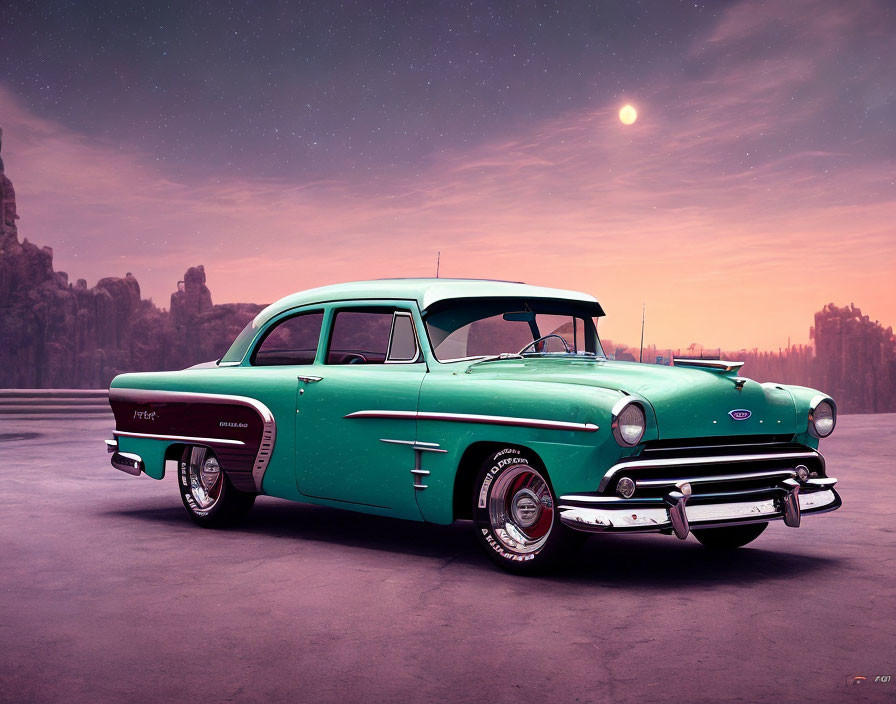 Teal and White Vintage Car with "Bel Air" Badge on Dusky Sky Background