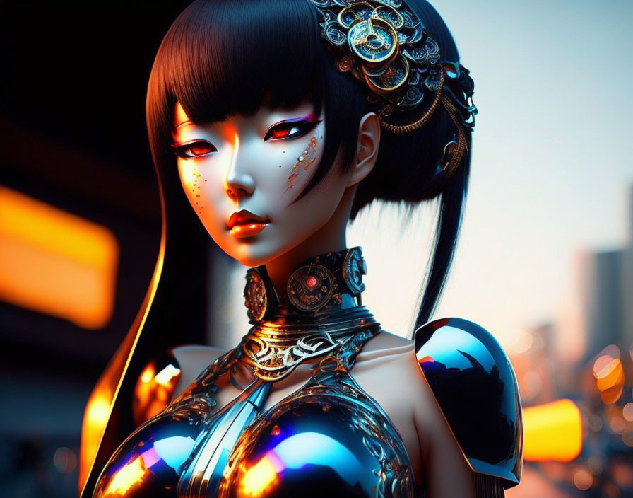 Futuristic female character with elaborate headgear and glowing red eyes in urban sunset scene