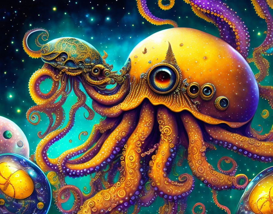 Fantastical octopus with multiple eyes in cosmic setting