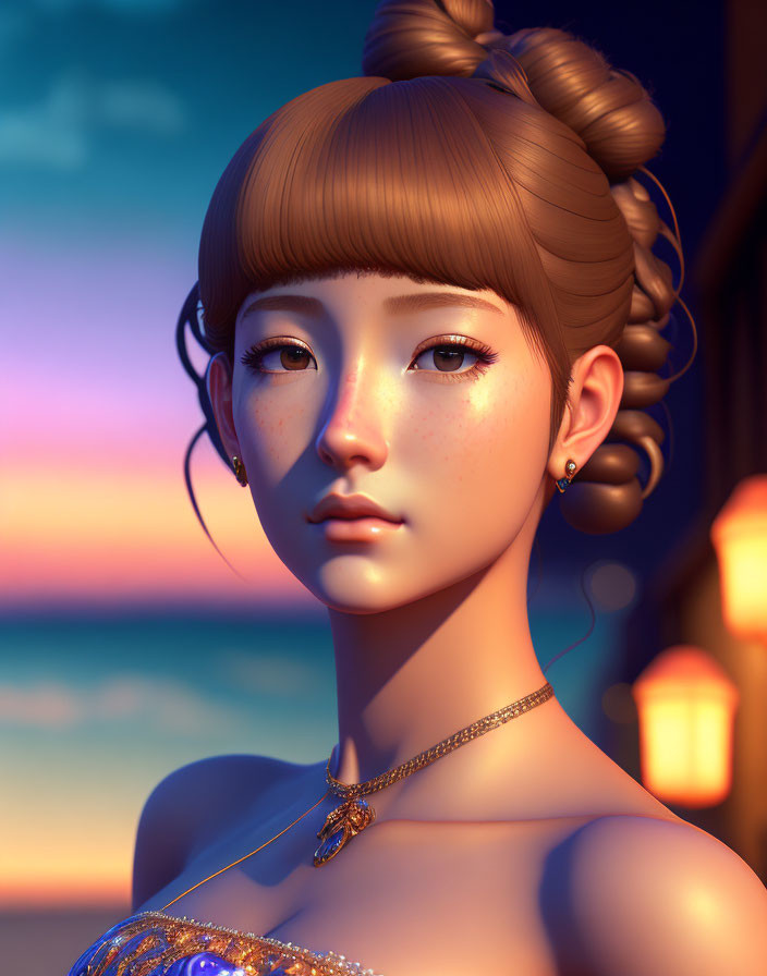 Young woman with stylized hair and freckles in 3D-rendered image against sunset backdrop