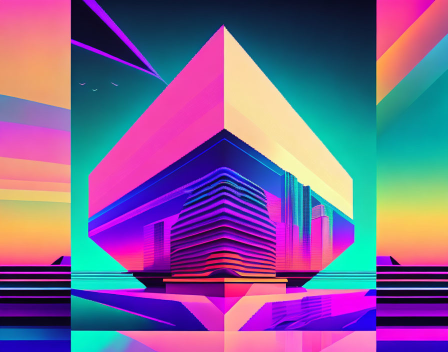 Colorful geometric structure with neon gradient and abstract reflected landscape.