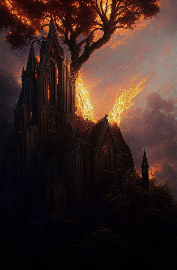 Gothic cathedral silhouette against fiery sky with orange leaves