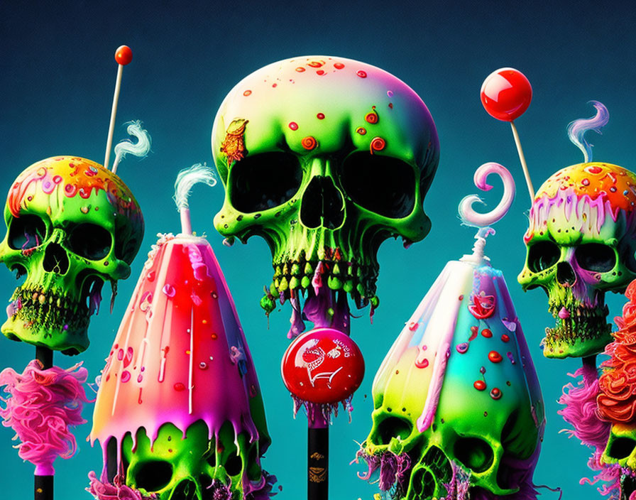 Vibrant melting skull art with candy motifs on teal backdrop