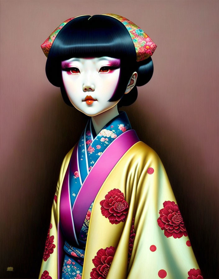 Figure in Colorful Kimono with Traditional Makeup