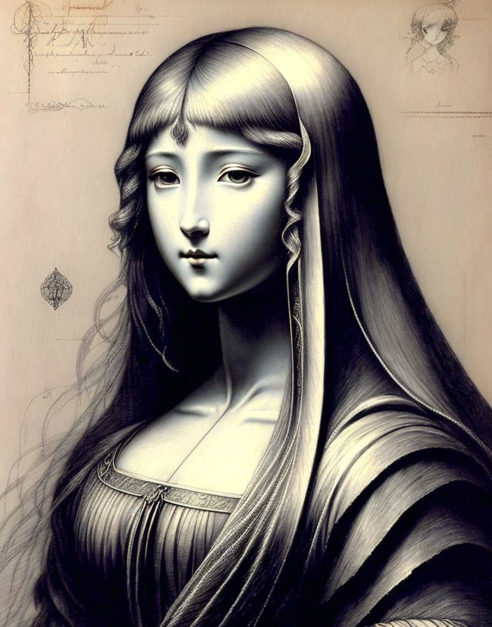 Monochromatic artwork of woman with flowing hair and serene expression.