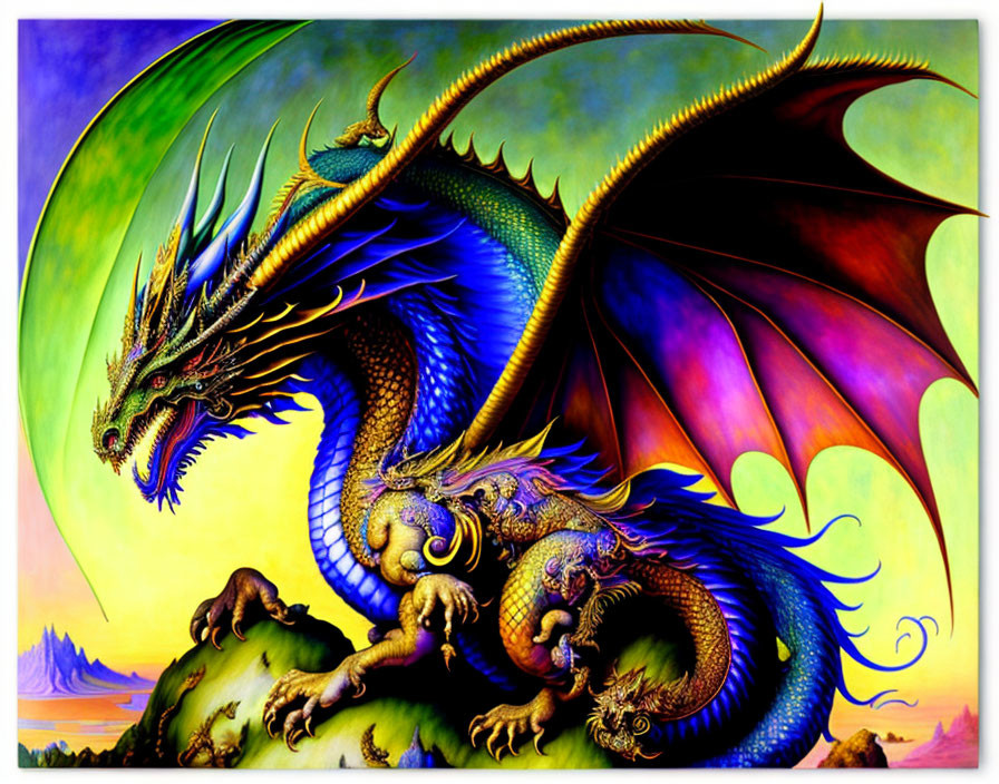 Majestic dragon perched on rugged terrain under colorful sky