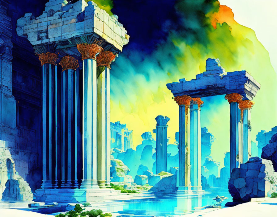 Ancient ruins with pillars and arches in vibrant watercolor style