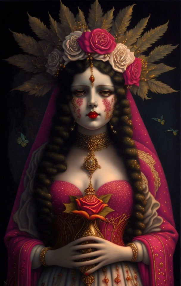 Stylized portrait of woman with ornate golden headdress and red rose