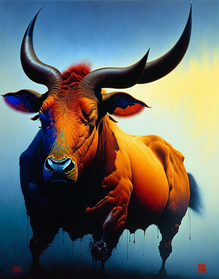 Colorful Bull Painting with Exaggerated Horns and Fierce Gaze