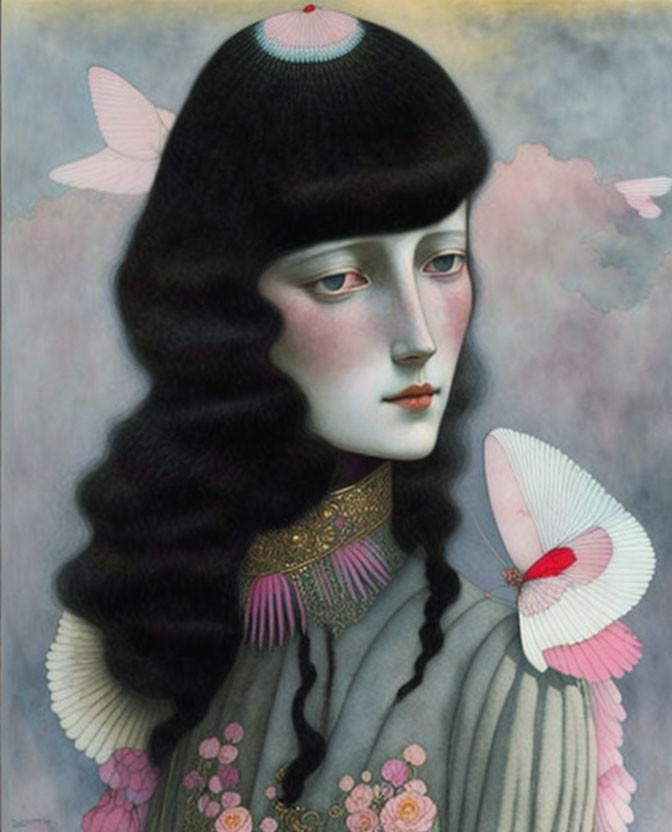 Surreal portrait of a woman with dark hair, pale skin, hat, flowers, and butterflies