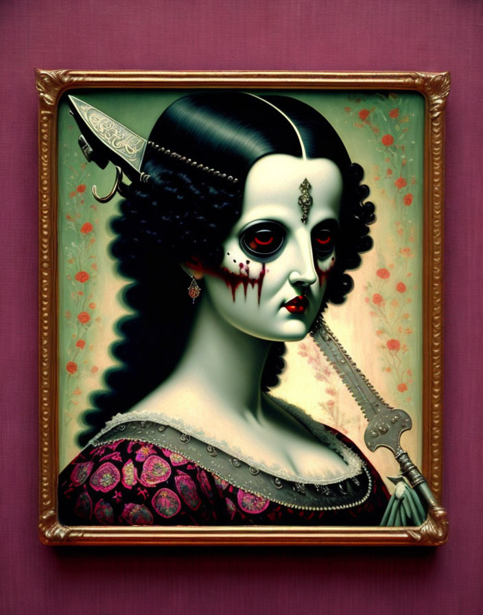 Dark-haired woman with pale skin and blood tears holding a knife in gothic portrait.