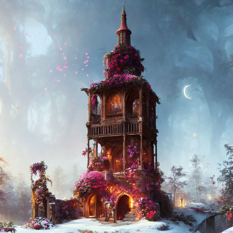 Enchanted forest tower with pink flowers under crescent moon