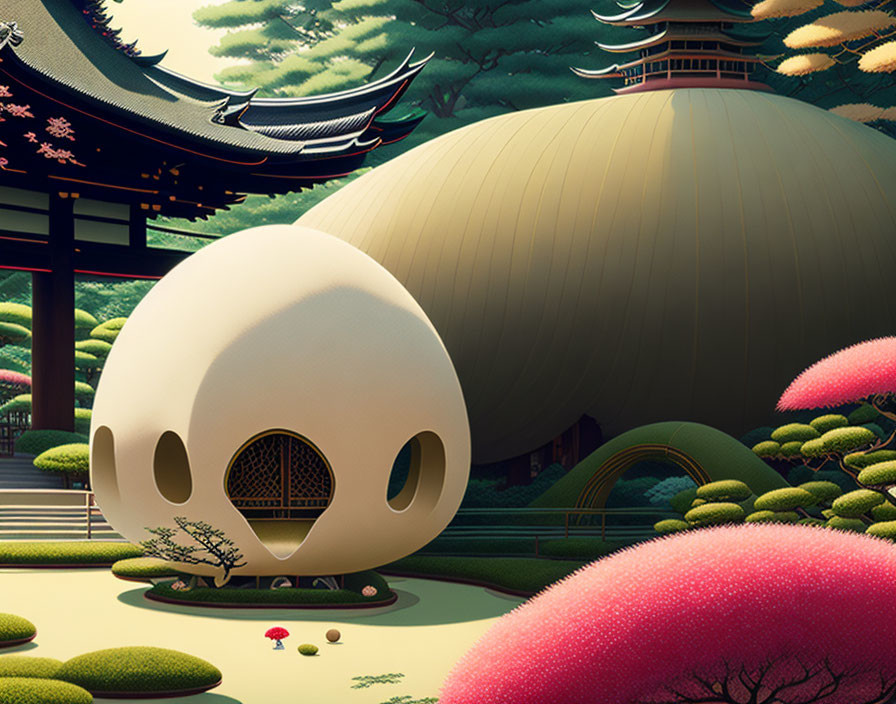 Illustration of serene Japanese garden with oversized skull-shaped structure