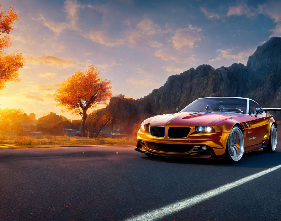 Red and Gold Modified BMW Race Car on Asphalt Road with Autumn Trees and Mountainous Sunset Backdrop