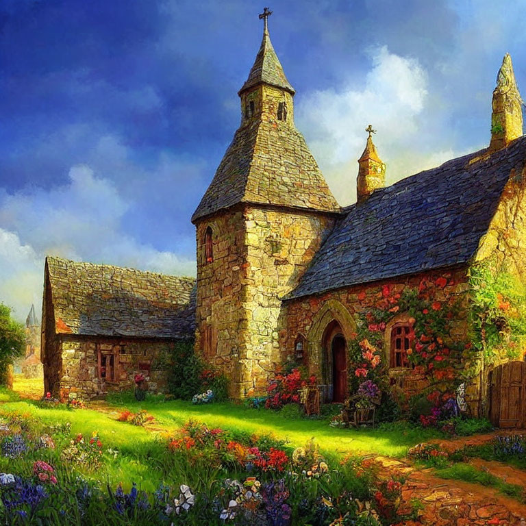 Stone church with turret in lush garden setting under blue sky