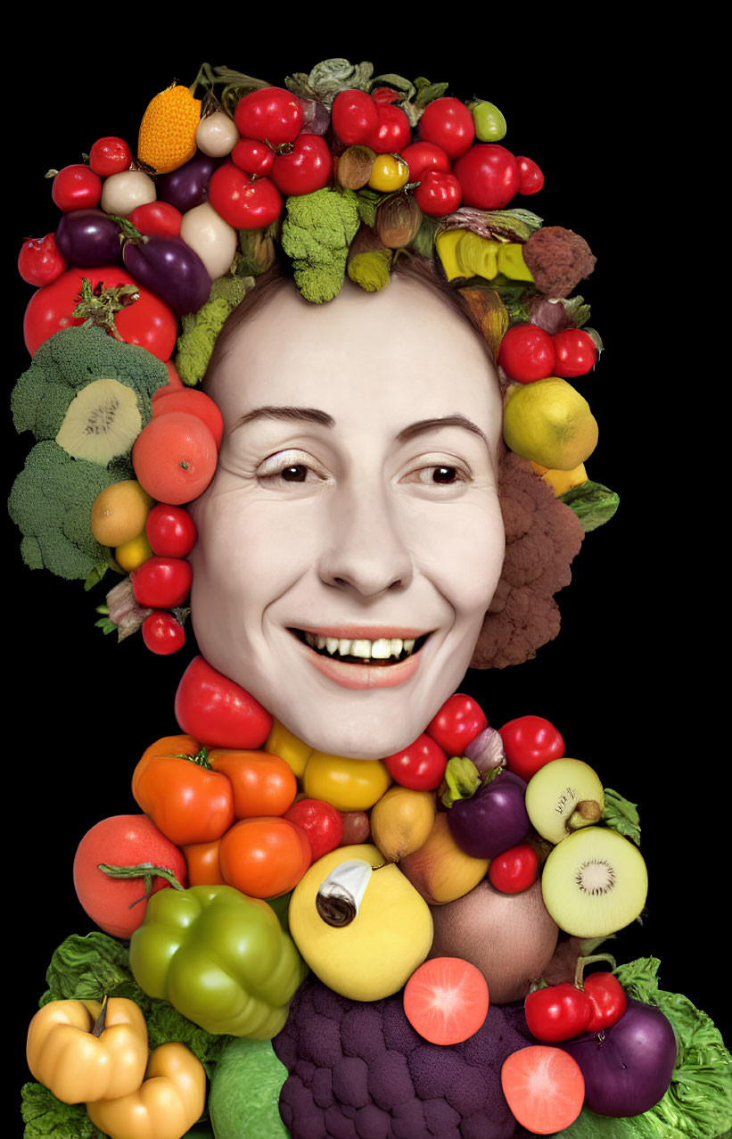 Person's head surrounded by colorful fruits and vegetables on black background